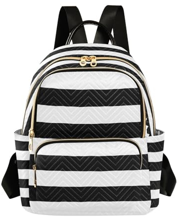 Mnsruu Damen-Rucksack, Schwarz / Weiß gestreift, modisch, für Reisen, Schultertasche, lässig, Alltag, Arbeit, College, Schwarz/Weiß, gestreift, S