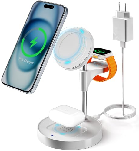 KPON Magsafe Ladegerät für Apple,3 in 1 Ladestation Apple Watch und iPhone Kompatibel mit iPhone 16/15/14/13/12 Serie, Apple Watch 9/8/7/6/5/4/3/2/SE und AirPods 3/2/Pro Weiß