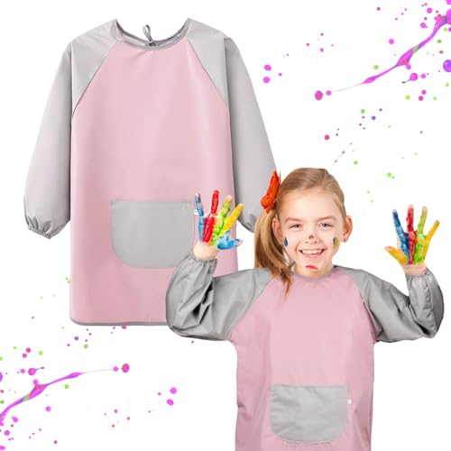 GEBETTER Malschürze Kinder Malerkittel für 7-11 Jahre Mädchen Junge Tuschkittel Wasserdicht Malkittel Bastelschürze mit Ärmeln und Big Taschen für Schule Kunst Malerei Kochen (Rosa mit Grau)
