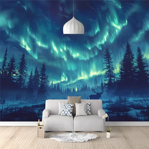 Fototapete Wald Unter Dem Nachthimmel Der Nordlichter Wohnzimmer Schlafzimmer Wandtapete Vlies Tapete 400 (B) x 280 (H) cm, Gedrucktes Wandbild UV-Beständig Geruchsfrei