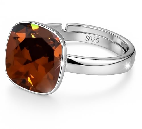 925 sterling silver 44 färger ringar för kvinnor justerbar med märken kristaller – glänsande kubisk zirkonia ring fingerring levereras i smycken presentförpackning (smoked bärnsten), Kristall,