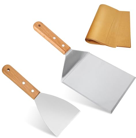 Trendecor Lot de 2 spatules pour barbecue - Avec manche en bois - En acier inoxydable - Avec papier à hamburger - Spatule pour hamburger Smash - Spatule pour plancha - Accessoires pour teppanyaki