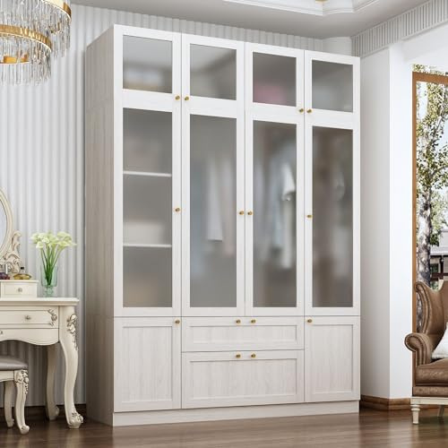 MOUMON 86.6 4-Door Wardrobe Closet with Frosted Glass Doors & 2 Drawers, Double Hanging Rods & Shelves, Top Storage, Wide Armoire Closet Light Oak 63”W x 19.7”D x 86.6”H