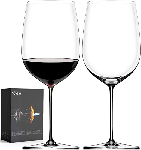 OJA Juego de 2 copas de vino tinto gigantes sopladas a mano de 36 onzas, copas de cristal de botella completa de gran tamaño, luz Cabernet Sauvignon grande, transparente, mejor para degustación,