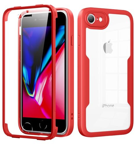 Phoona 360 degrés Coque pour iPhone 7/8/SE2022/SE2020 avec Transparent Protection d'écran, TPU Silicone Antichoc écran Coque, Anti-Rayures Intégrale Étui Housse pour iPhone 7/8/SE2022/SE2020, Rouge