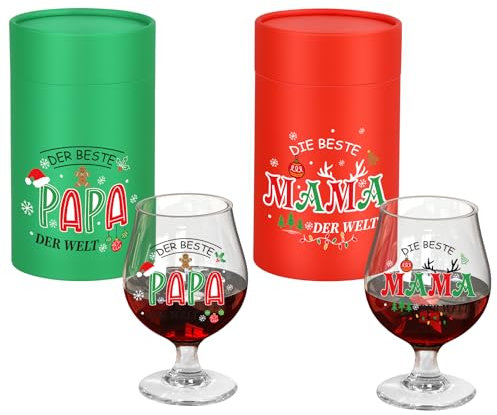 FTUREERA Weihnachtsgeschenke für Mama & Papa Weinglas Set für Eltern mit Gravur Beste Mama & Bester Papa der Welt, Weingläser Weihnachten Geschenk für Mutter Vater
