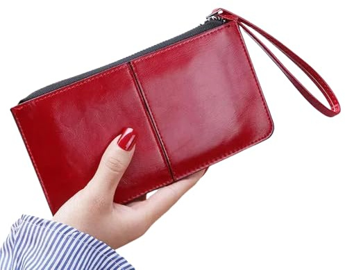 LCLYHY Portafogli Portafoglio Frizione con Cerniera in Pelle di Cera per Olio Femminile Borsetta da Donna con Orologio da Polso da Polso A Portata-Rosso
