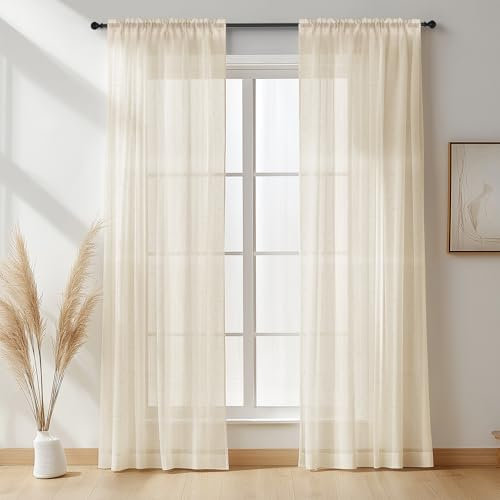 NAKIHOUSE Linen Voile Curtain, 2 Panels Natural Linen Net Curtains for Windows 63 Drop, Slot Top Light Filtering Semi-Sheer Voile Curtains for Living Room, Breathable & Graceful Window Drapes