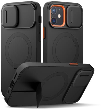 SURITCH Coque Magnétique Compatible avec iPhone 12/12 Pro, boîtier Tampon résistant aux Chocs Coque de Protection avec Couvercle Coulissant pour Appareil Photo et Support réglable(Noir)