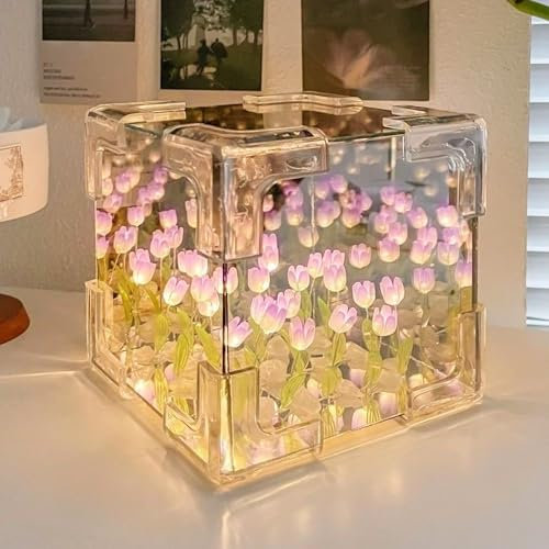 TaimeiMao Tulpen Lampe,DIY Tulpen Nachtlicht,LED Tulpenspiegel Nachtlicht,Tulpen Licht,Tulpenwürfel Blumen Lampe für Schlafzimmer,Wohnzimmer,Desktop,Heimdekoration