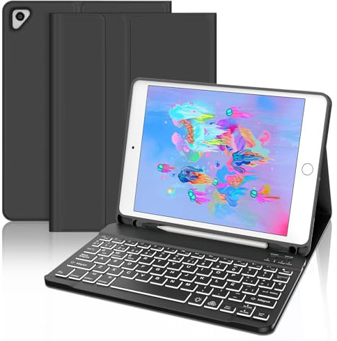 FOGARI Teclado para iPad 6/5 Generación 2018/2017 9.7, iPad Air 2/1 2014/2013, Funda con Español Ñ Teclado Retroiluminado Bluetooth para iPad 6/5 Generacion 9.7 Pulgadas, Negro