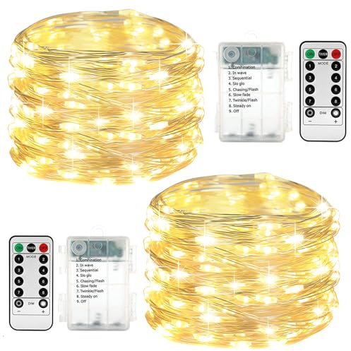 taiyongkang Pack de 2 luces de alambre para interior con temporizador y mando a distancia, 11 m, 100 LED, luz blanca cálida, pequeña cadena de luces para dormitorio, Navidad, boda, también utilizable