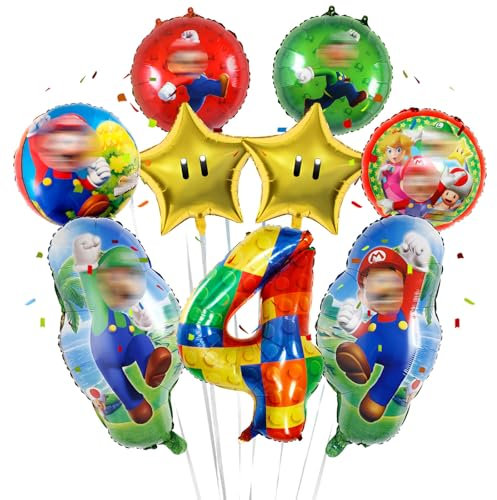 Geburtstagsdeko 4 Jahre Super Luftballons Jungen Mädchen- Kindergeburtstag Deko Bros Folienballon Happy Birthday Geburtstag Balloon Partyzubehör für Kinder Theme Party Geburtstag Supplies Ballon