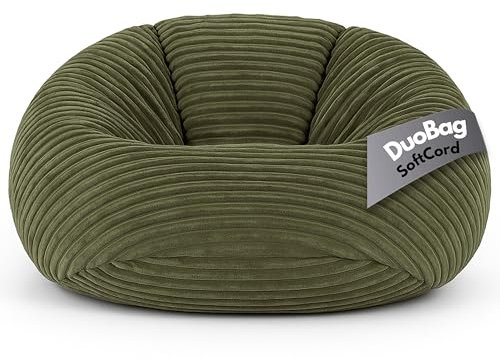 PATCH HOME Deluxe 2 in 1 Cord Sitzsack Sessel Bean Bag – Gaming Sitzsäcke für Erwachsene & Kinder mit Reißverschluss – Bereits befüllt – Ideal zum Sitzen und Liegen (Olivegrün, Ø155 cm)