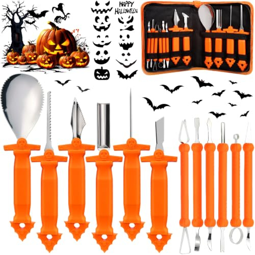 MKAKYES Kürbis Schnitzset, 12 Stück Kürbis Schnitzen Set, Edelstahl Kürbis Schnitzwerkzeuge mit Tragetasche und 10 Vorlagen, DIY Kürbis Halloween Dekoration für Kinder & Erwachsene