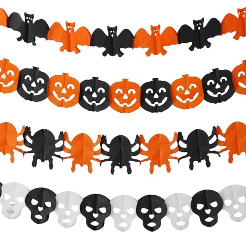 4-Teiliges Halloween Girlande Set mit Kürbis, Spinne, Fledermaus & Geist - Hängepapiergirlande für Kinder, Indoor & Outdoor Deko für Party, Zuhause, Schule, Garten, Karneval