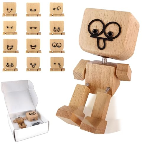 Schüttelmann aus Holz, Schüttelnde Holzmann-Figur mit 12 Ausdrücken Handgefertigter Wackelnder Holzmann Charmante Kleine Holzfigur Wackelfigur Auto für Armaturenbrett Autozubehör Schreibtisch Deko