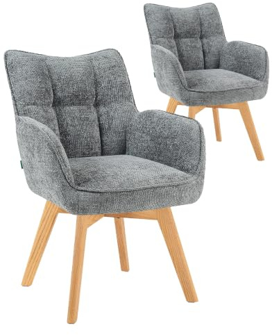 DUBI Möbel Esszimmerstühle 2er Set 360° drehbar mit Taschenfederkern, hoher Sitzkomfort, bis 150 kg belastbar, abriebfester Stoff Grau, Eiche Massivholzgestell geölt (Natur), Mika-Ella