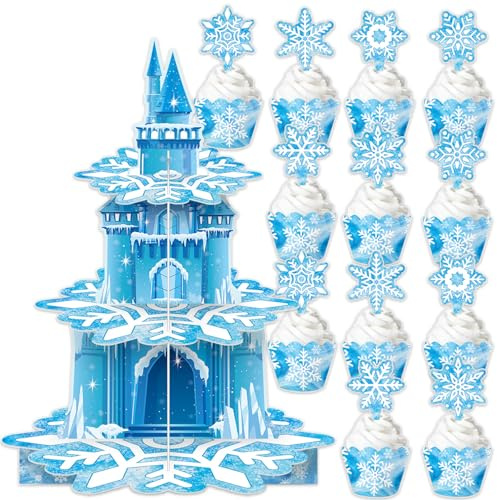 3 Ebenen blaue Schneeflocken Kuchen Regal, Schloss Thema Party, Dessert Regal, Prinzessin Geburtstagsartikel, Mädchen Party Dekoration, Winter Supplies, Schneeflocken Kuchen Dekoration Rand