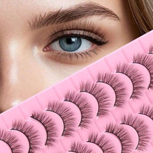 LOPHE Fake Lashes, 10 par kattöga konstgjorda ögonfransar 10 – 12 mm, Wispy Strip Lashes naturligt utseende, fluffiga falska ögonfransar kattögonögonfransar återanvändbara, SA204