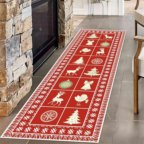 USHIRUG Weihnachtsteppich Läufer, 60 x 150 cm, Rot-Weiß Kariert Mit Schneeflocken, Weicher, Rutschfester Waschbarer Teppich für Schlafzimmer und Wohnzimmer, Weihnachtsteppich für Geeignet Waschküche