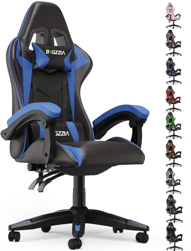 Racingreat Gaming-Stuhl Ergonomischer mit Verstellbarer Höhe und Taillenwinkel, PU-Leder mit Polsterung und Kopfstütze, Gamer-Sessel Für Erwachsene, Mädchen, Jungen, Gaming, Büro (Schwarz Blau)