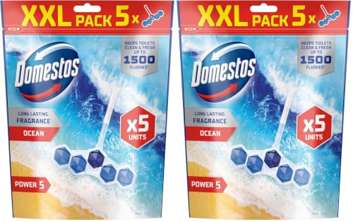 Domestos Power 5 Ocean Toilet Rim Blocks toilet freshener with a long-lasting fragrance clean and freshen for up to 300 flushes 5x 50 g (Pack of 2)