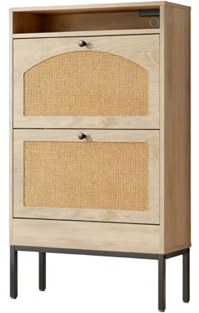 Gotagee Schuhschrank Mit Ladefunktion 59x22.5x103.5 cm Eingangsschrank Modern Platzsparend Praktisch Flur Wohnzimmer (Holzfarbe)