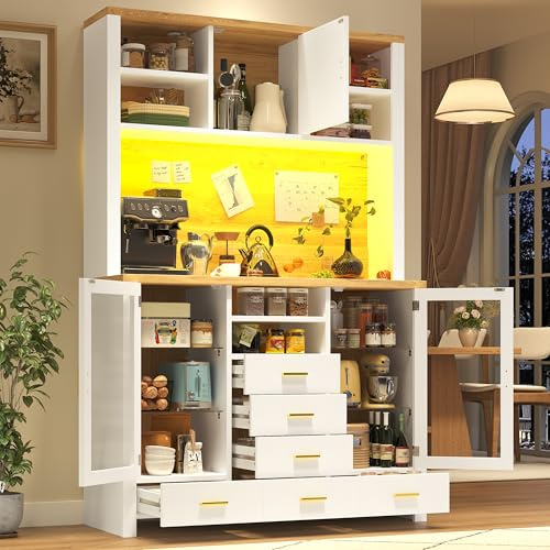 Kelodan Armario de cocina multifunción, 120 x 40 x 188 cm, estilo rústico, 4 puertas, con tira de luz LED, 6 cajones y 3 puertas, color blanco con efecto madera.
