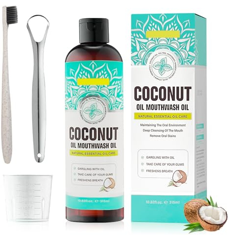 Kokosnuss-Ziehöl für die Zähne 315ml, Mit Zungenschaber/Zahnbürste/Mundwasser,Natürliches Kokosöl Mundspülung,Kokosöl Mundspülung für Zähne,Mint Oil Pulling Mundwasser,Frischer Atem, Zahnaufhellung