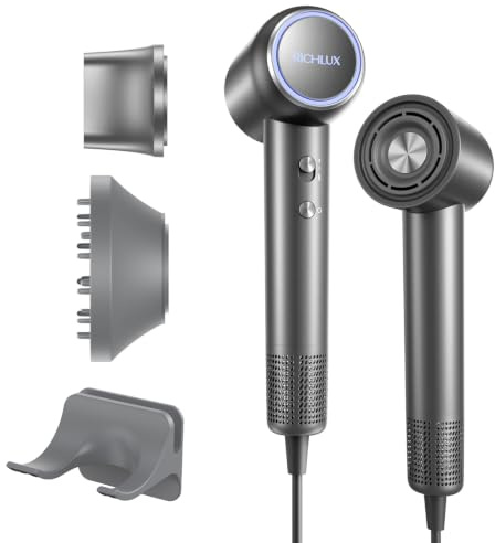 RICHLUX Ionen Föhn Haartrockner Professionell Salon-Niveau, 150.000 U/min Bürstenloser Motor 500 Millionen Negative Ionen 59dB Geräuscharm 4 Temperaturstufen 2 Gebläsestufen Lockenaufsatz Magnetdüse
