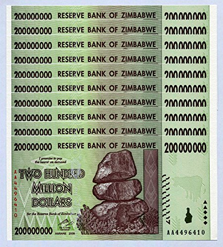 Zimbabwe 200 Million Dollars x 10 pcs 2008 P81 Consecutive UNC Currency Bills