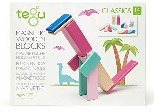 TEGU 5700610 Holzbausteine magnetisch, Holzspiele-Set, pink, Holzspielzeug für Kinder ab 12 Monate