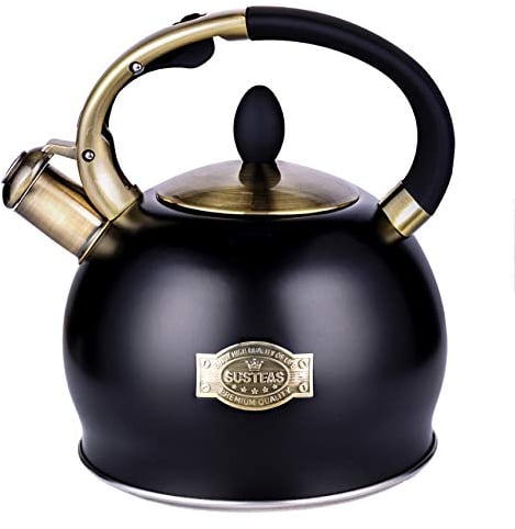 SUSTEAS Stove Top Whistling Tea Kettle-Surgical Stainless Steel Teakettle Teapot with Cool Touch Ergonomic Handle,1 Free Silicone Pinch Mitt Included,2.64 Quart(BLACK)