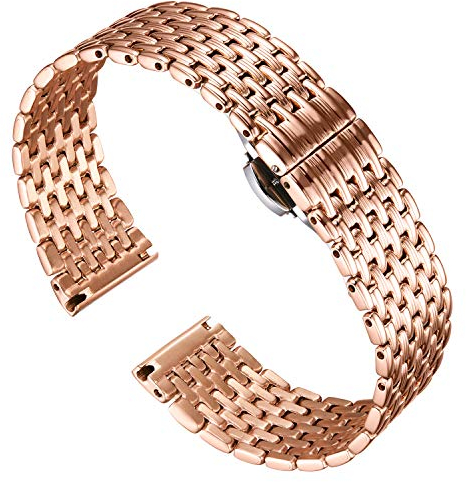 BINLUN Ultra Dünnes Mesh Edelstahl Uhrenarmbände Leicht Metall Uhrenarmband Polierte Ersatz Uhr Armband für Herren Damen mit Schmetterlingsschließe(18mm Roségold)