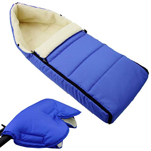 BAMBINIWELT KOMBI-ANGEBOT Muff + Winterfußsack 108cm - aus Lammwolle für Kinderwagen, Buggy, Radanhänger - WOLLE - LINIERT (blau)