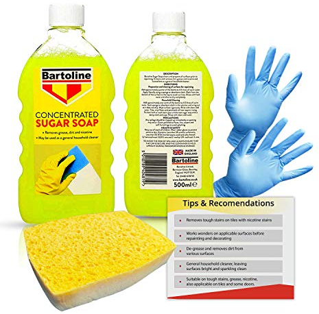 Sugar Soap for Cleaning Walls, Grease, Grime, Dirt, Nicotine Stains and general household cleaning. Includes 2 x 500ml Concentrate Solution Bundled with Decorator's Sponge and non-latex gloves.