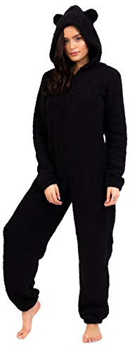 Loungeable Damen Jumpsuit Overall Tiere Gesichter Öhrchen 3D Kapuze Black Sherpa All in one with Ears 798085BLA L