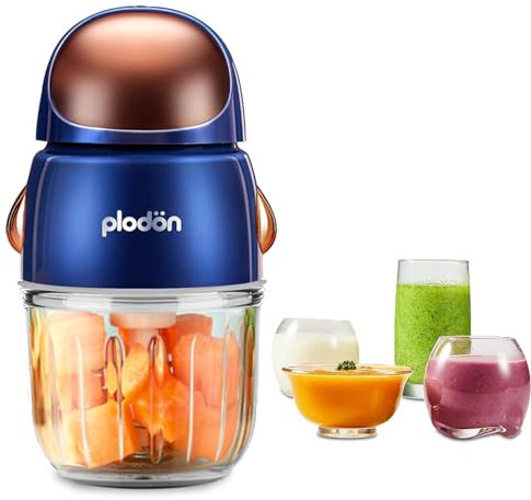 Mini robot de cuisine pour bébé mignon et petit robot de purée, hachoir à purée, bol en verre de 300 ml, bol en verre avec 8 lames électrique (bleu spatial)