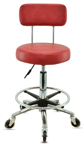 VAKON SALON - Premium Rollhocker in Rot mit Lehne und Fußring - Höhenverstellbar 55-75 cm - Rundsitz Drehhocker Arbeitshocker Praxishocker