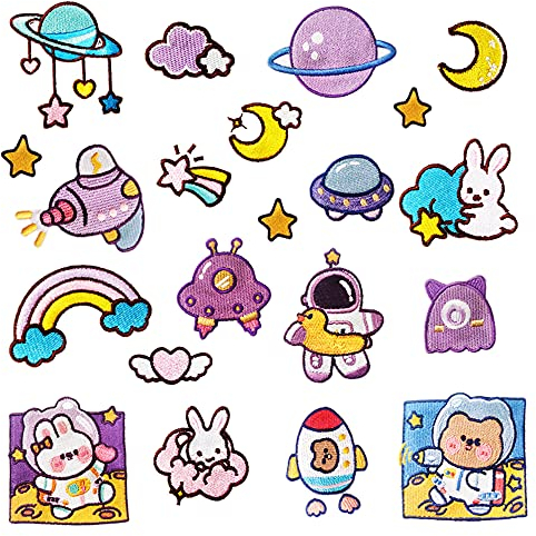 Woohome 21 Stück Patches zum Aufbügeln Lila Space Astronaut Eisen Auf Sternenhimmel Space Rabbit Space Bear Patch Sticker für Kleidung Jacke T-Shirt DIY Zubehör Schuhees