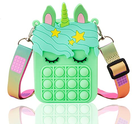 Pop Push It Tasche, Fidget Toys Poppet Tasche, Push Bubble Sensory Squeeze Umhängetasche Pop Handtasche it, Anti Stress Spielzeug Schultertasche für Kinder (Einhorn Helles Grün)