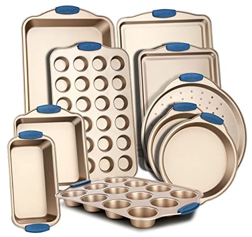 NutriChef Kitchen Oven Baking Pans - Deluxe Nonstick Gold Coating Inside & Outside Carbon Steel Bakeware Set with Blue Silicone Handles, Durable & Reliable Cookie Sheet Oven Pan Style