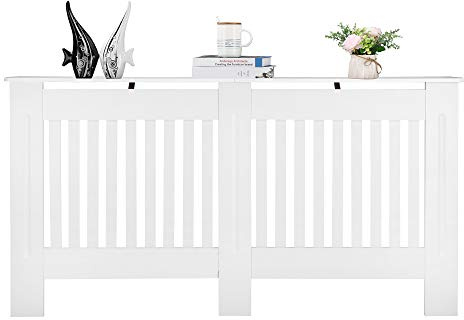 Alightup Cache Radiateur en MDF Peint - Couvercle Design Armoire avec Lattes en Bois et Grille Étagère Supérieure - Dimensions 152 x 19 x 81 cm pour Salon et Chambre