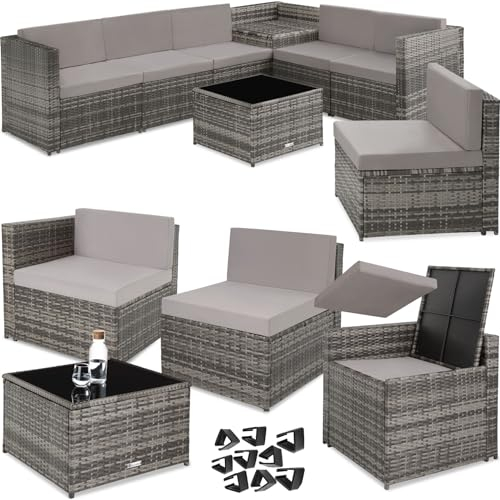 TecTake® Salon de Jardin Exterieur en Rotin 6 Places en Resine Tressee Modulable 6 Fauteuil Jardin Coffre de Rangement et Table en Verre Inclus pour Amenagement Balcon Terrasse – Gris