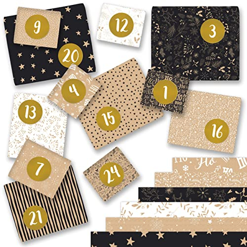 Papierdrachen DIY Adventskalender Geschenkpapier - Wrapping Paper mit Zahlen von 1-24 - Motiv Packpapier Set 6 - Geschenkverpackung Advent für größere Geschenke - 24 Bögen 29,7 x 42 cm - Set 6