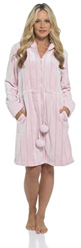 Daisy Dreamer Womens Zip Through Hooded Fleece Robe Lounger Dressing Gown Bath Robes Loungewear (Pink Stripe, S)