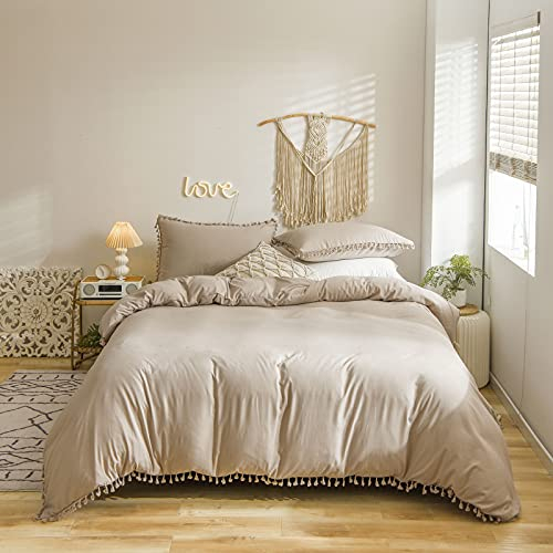 Bohemien Bettwäsche 200 x 200 cm Qualität Bettbezug 3-teilig Super Weiche Bettwäsche Sets mit Quasten Kissenbezug 80 x 80 cm 100% Mikrofaser Bettbezug, Taupe