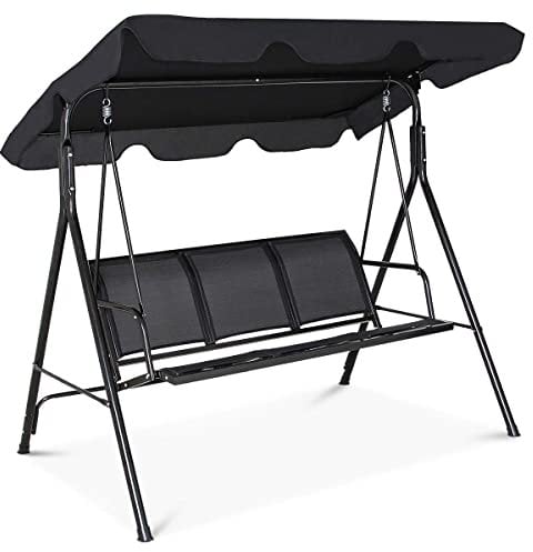 GYMAX Sedia a Dondolo a 3 Posti da Giardino con Tettuccio, Struttura in Acciaio, Altalena da Giardino, Altalena per Esterni per Patio, 170 x 155 x 110 cm (Nero)