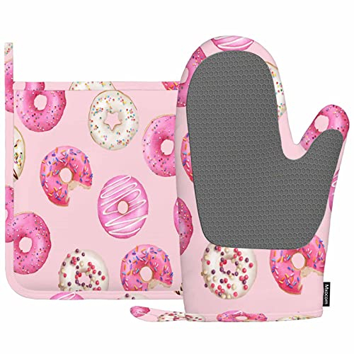 Mxocom Aquarell Donuts Silikon Ofenhandschuhe und Topflappen Sets Rosa Donuts Hintergrund BBQ Handschuhe für Küche, Kochen, Backen, Grillen